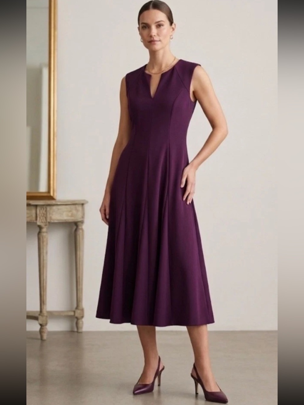 CALVIN KLEIN Aubergine Purple Fit and Flare Midi Dress Size 6 NWT